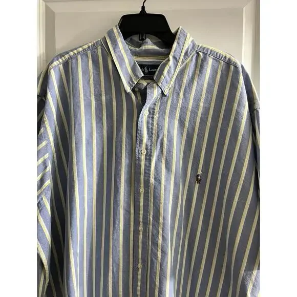 Ralph Lauren Shirt Men’s 3XLT Tall Blue Yellow Stripe Short Sleeve Classic Fit - Picture 2 of 7